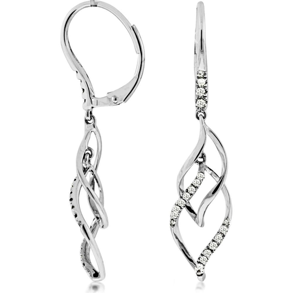 14K White Gold Twist Spiral Drop Earrings with Pave-Set Round Diamonds - 0.25 Carat Total Diamond Weight - Royal Jewelry