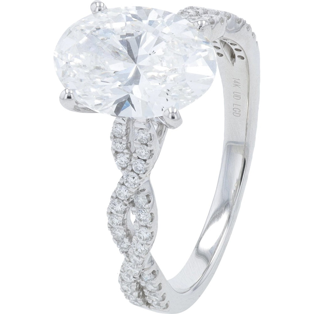 14K White Gold Twisted Band Engagement Ring with 2.75 Carat Total Weight Lab Grown Diamonds - Featuring a 2.50 Carat Oval Center Stone