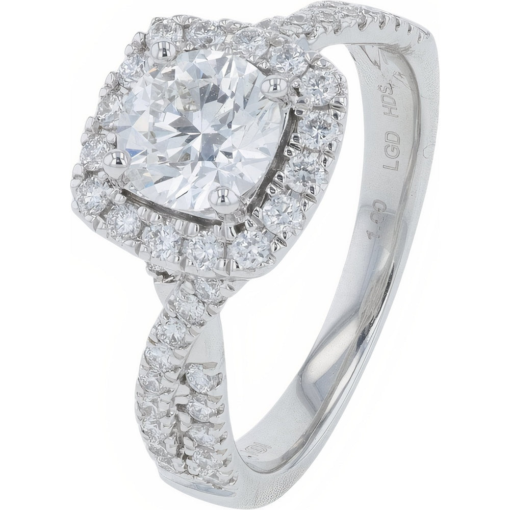 14K White Gold Twisted Band Engagement Ring with Cushion Halo Lab-Grown Diamonds - 2.00 Carat Total Diamond Weight