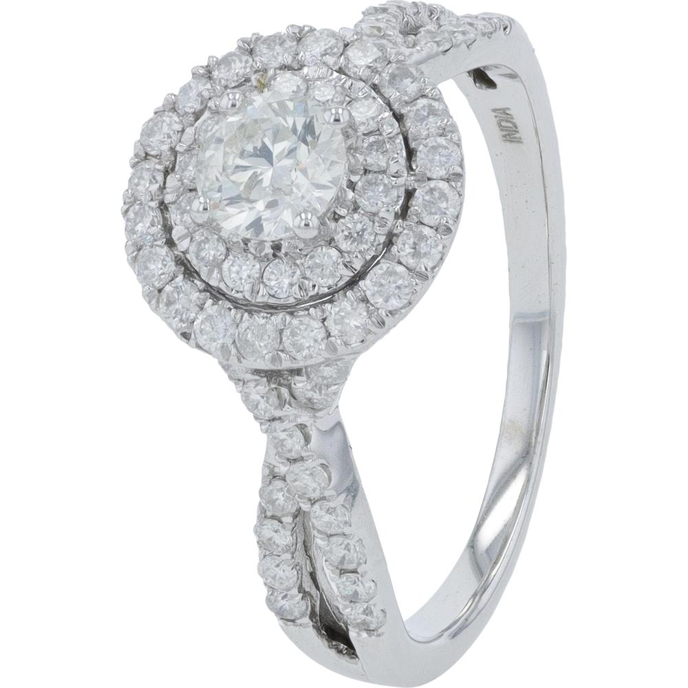 14K White Gold Twisted Band Halo Engagement Ring with Round Diamond Center - 1.00 Carats Total Diamond Weight