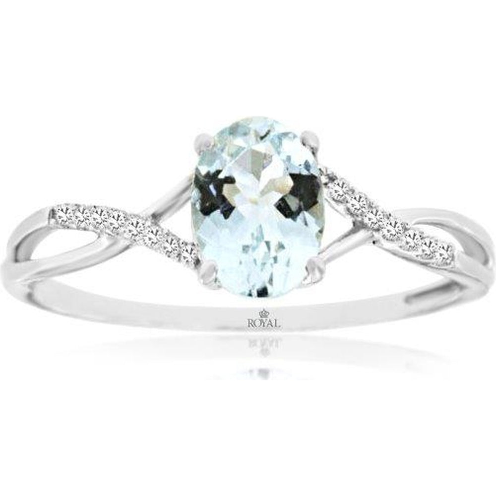 14K White Gold Twisted Band Ring with Oval Aquamarine and Pavé Set Diamond Accents - 0.68 Carat Aquamarine and 0.04 Carat Total Diamond Weight - Royal Jewelry