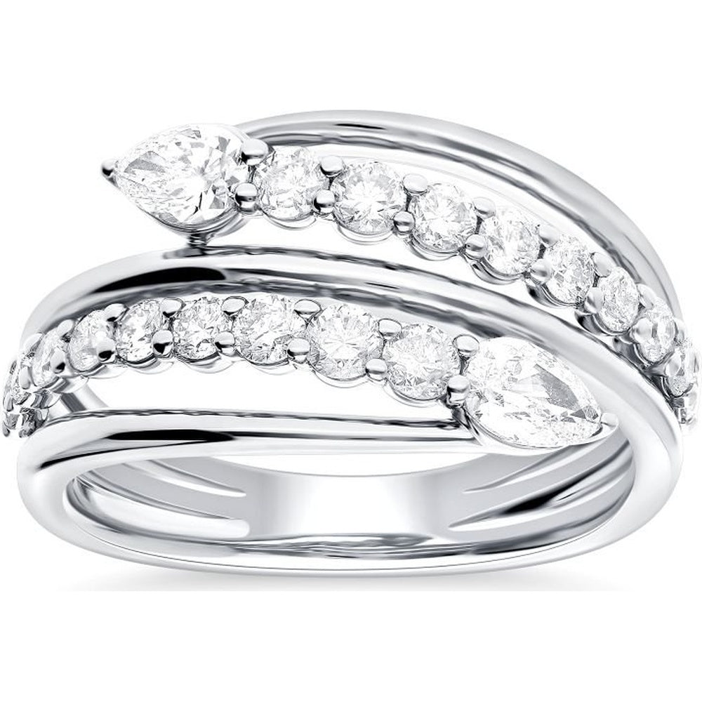 14K White Gold Twisted Fashion Ring with Pear and Round Diamonds - 1.15 Carat Total Diamond Weight by Auriventus