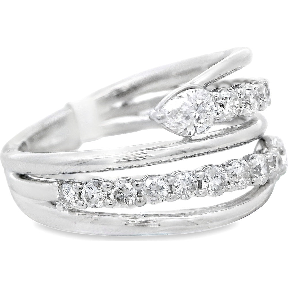 14K White Gold Twisted Fashion Ring with Pear and Round Diamonds - 1.15 Carat Total Diamond Weight by Auriventus