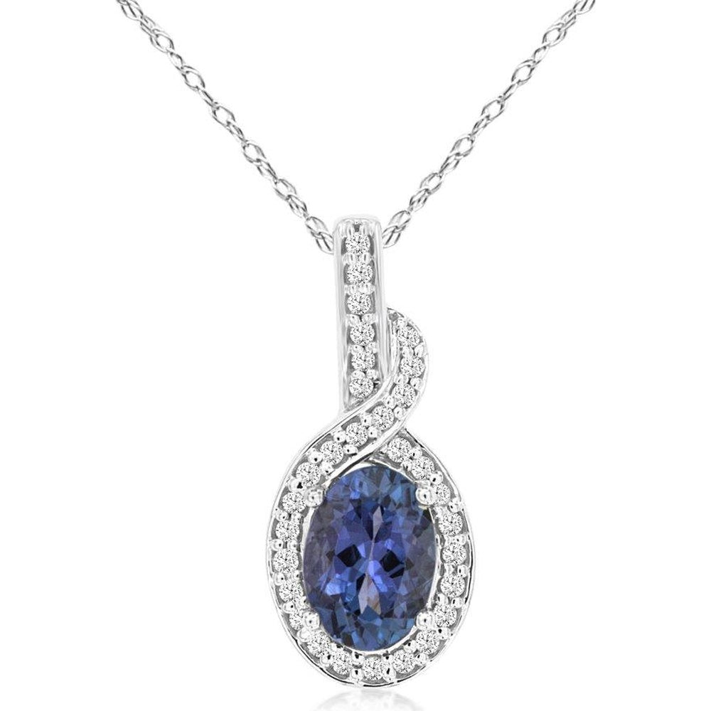 14K White Gold Twisted Halo Pendant with Oval Tanzanite and Round Diamonds - 0.84 Carat Tanzanite and 0.12 Carat Total Diamond Weight - Royal Jewelry