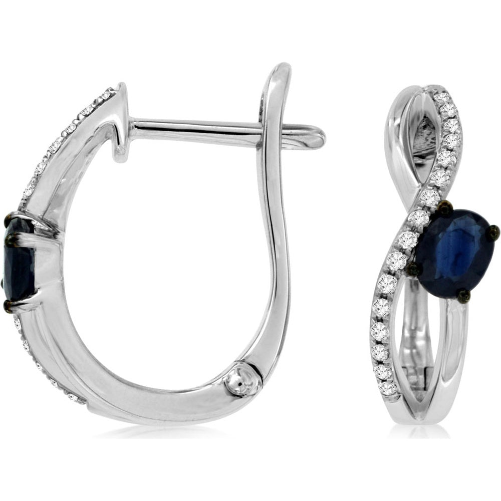 14K White Gold Twisted Hoop Earrings with Oval Sapphires and Pavé Set Diamonds - 0.50 Carat Total Sapphire Weight and 0.10 Carat Total Diamond Weight - Royal Jewelry