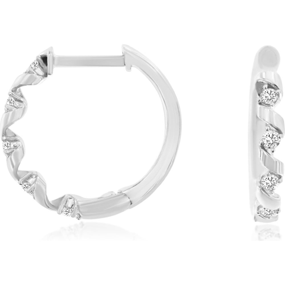 14K White Gold Twisted Hoop Earrings with Prong-Set Round Diamonds - 0.20 Carat Total Diamond Weight - Royal Jewelry