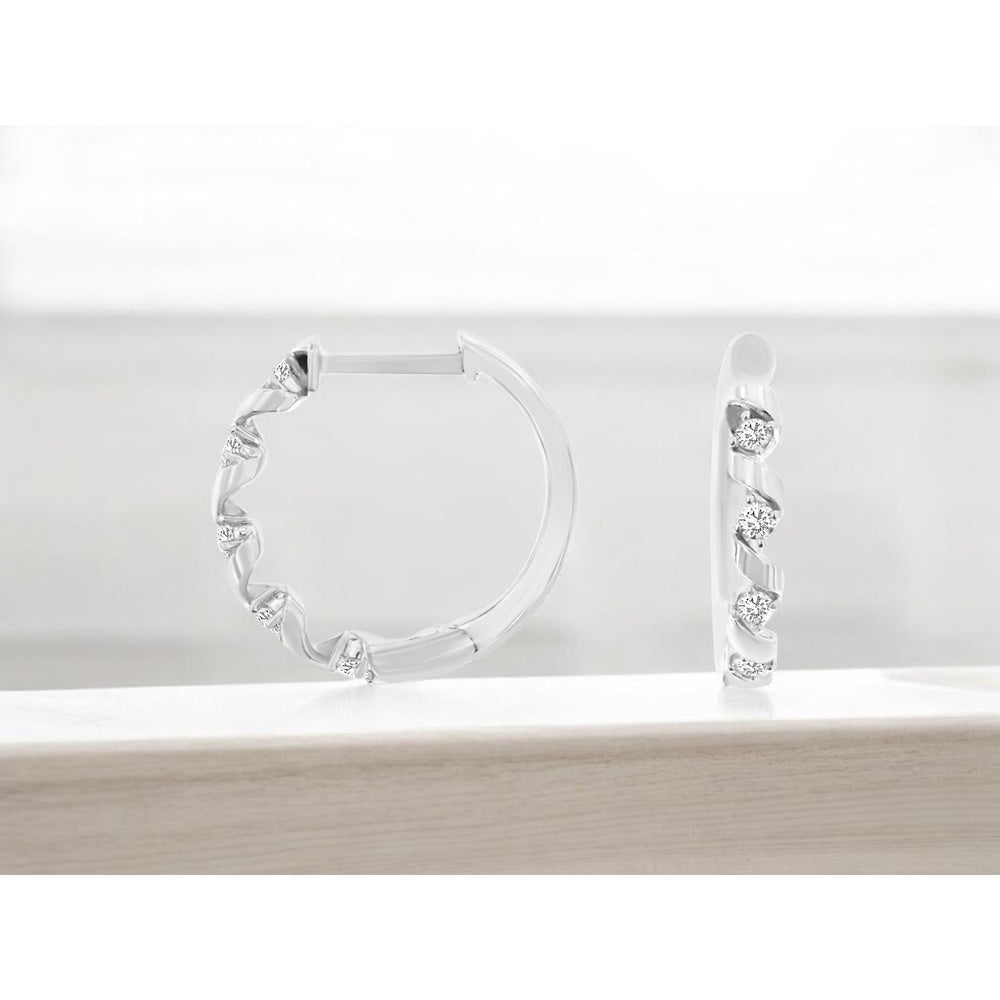 14K White Gold Twisted Hoop Earrings with Prong-Set Round Diamonds - 0.20 Carat Total Diamond Weight - Royal Jewelry