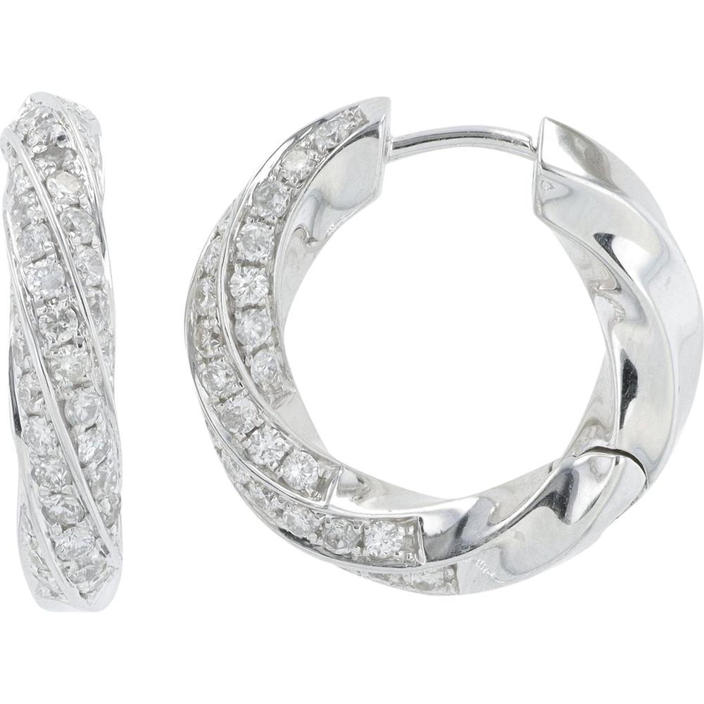 14K White Gold Twisted Hoop Earrings with Round Diamonds - 1.50 Carat Total Diamond Weight