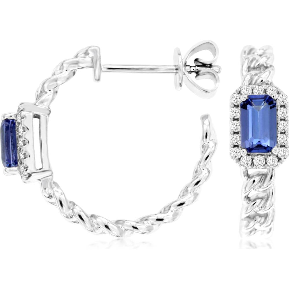 14K White Gold Twisted Hoop Earrings with Tanzanite & Diamond Halo - 0.64 Carats Total Gem Weight