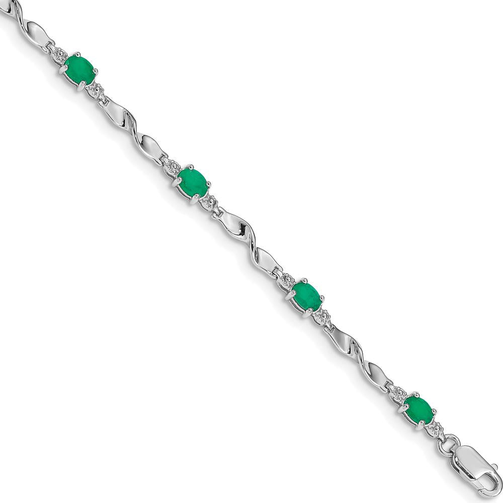14K White Gold Twisted Link Bracelet with Oval Emeralds and Round Diamonds - 0.22 Carats Total Emerald Weight, 0.01 Carats Total Diamond Weight by Monteluci Fine Jewelry