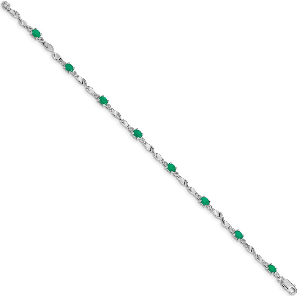14K White Gold Twisted Link Bracelet with Oval Emeralds and Round Diamonds - 0.22 Carats Total Emerald Weight, 0.01 Carats Total Diamond Weight by Monteluci Fine Jewelry