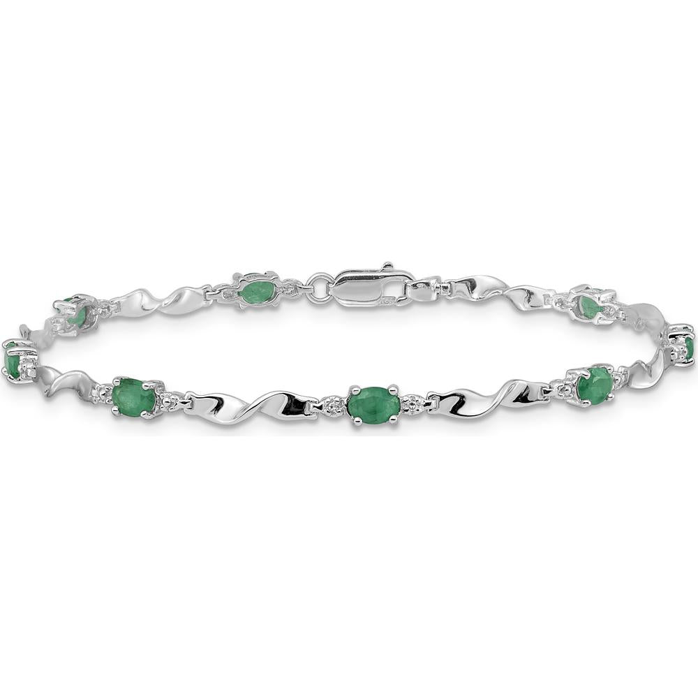 14K White Gold Twisted Link Bracelet with Oval Emeralds and Round Diamonds - 0.22 Carats Total Emerald Weight, 0.01 Carats Total Diamond Weight by Monteluci Fine Jewelry