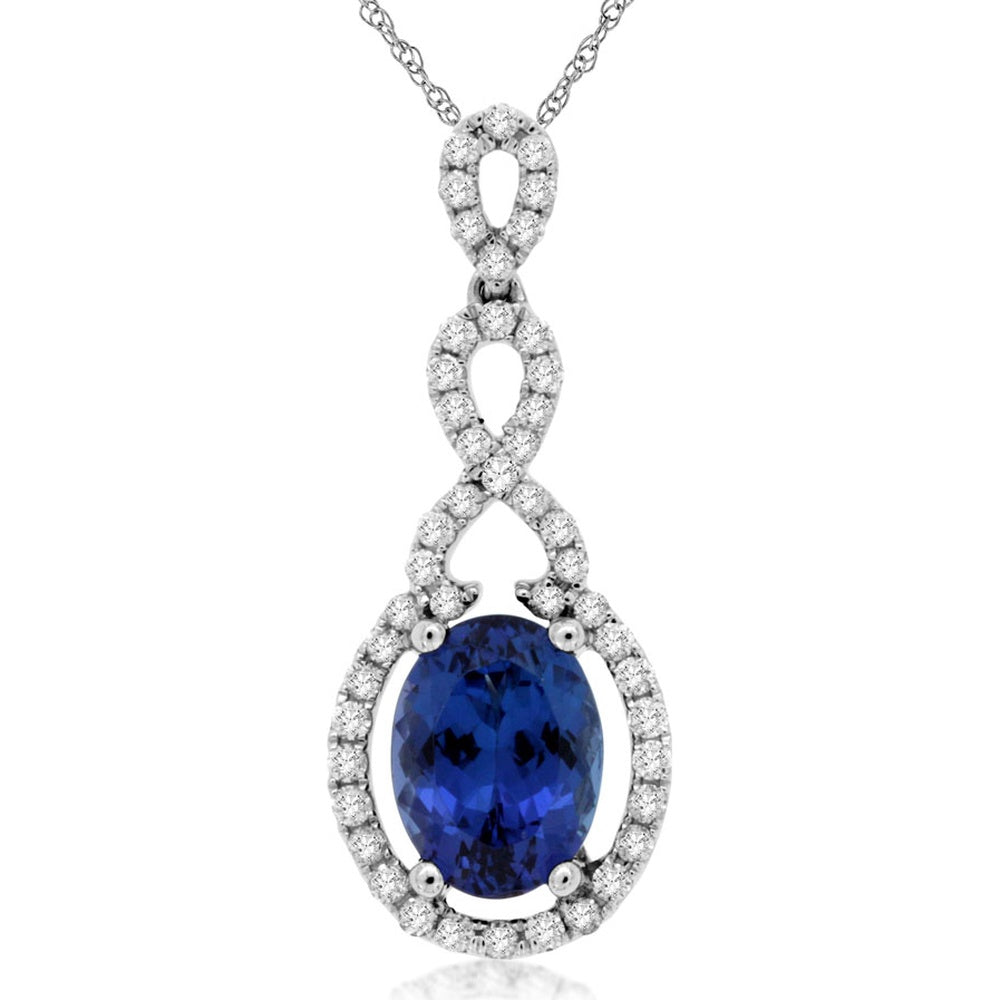14K White Gold Twisted Loop Pendant with Oval Tanzanite and Round Diamond Accent - 1.30 Carat Tanzanite and 0.26 Carat Total Diamond Weight - Royal Jewelry
