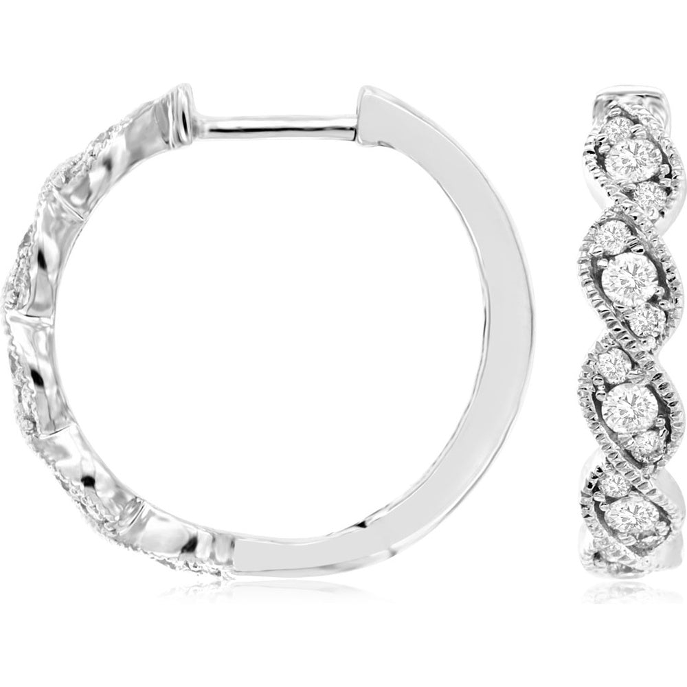 14K White Gold Twisted Milgrain Hoop Earrings with Prong-Set Round Diamonds - 0.39 Carat Total Diamond Weight - Royal Jewelry