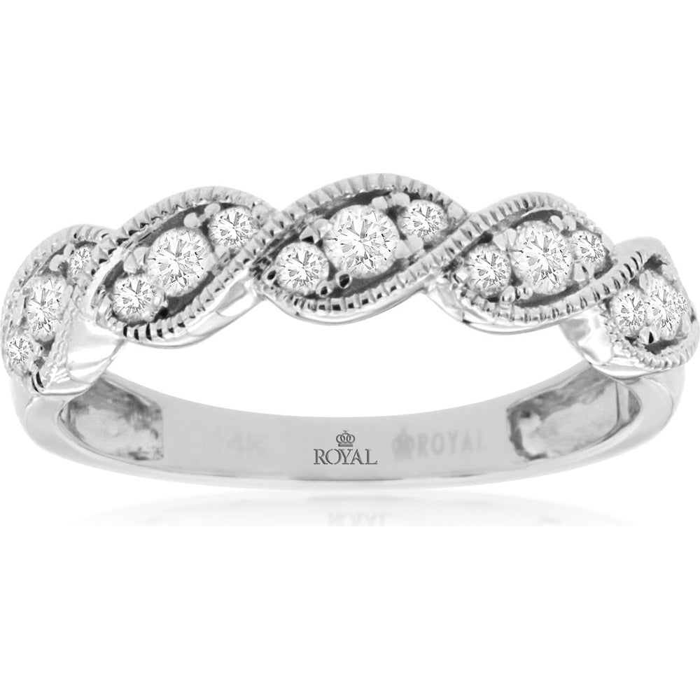 14K White Gold Twisted Milgrain Wedding Band with Prong-Set Round Diamonds - 0.37 Carat Total Diamond Weight - Royal Jewelry