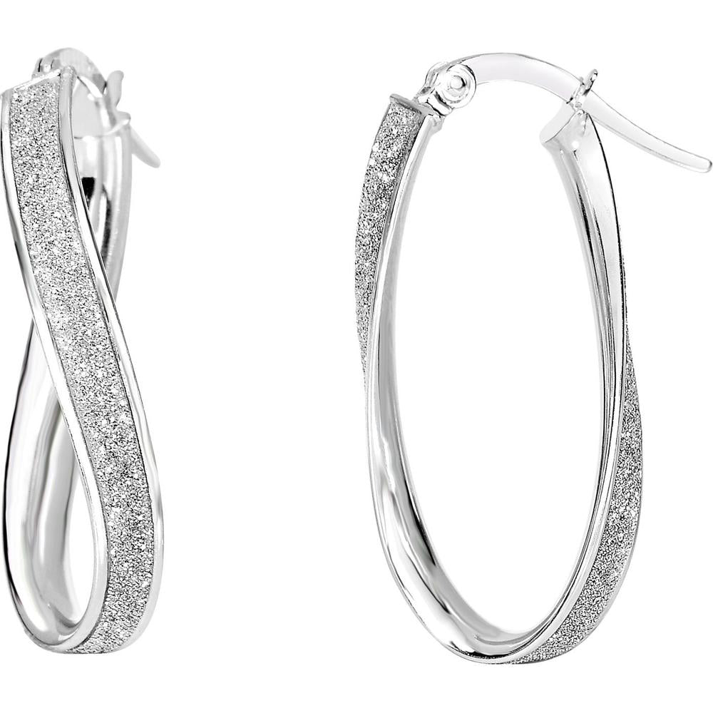 14K White Gold Twisted Oval Glitter Hoop Earrings - 4mm Width with Hinged Closure by Orozza Fine Jewelry