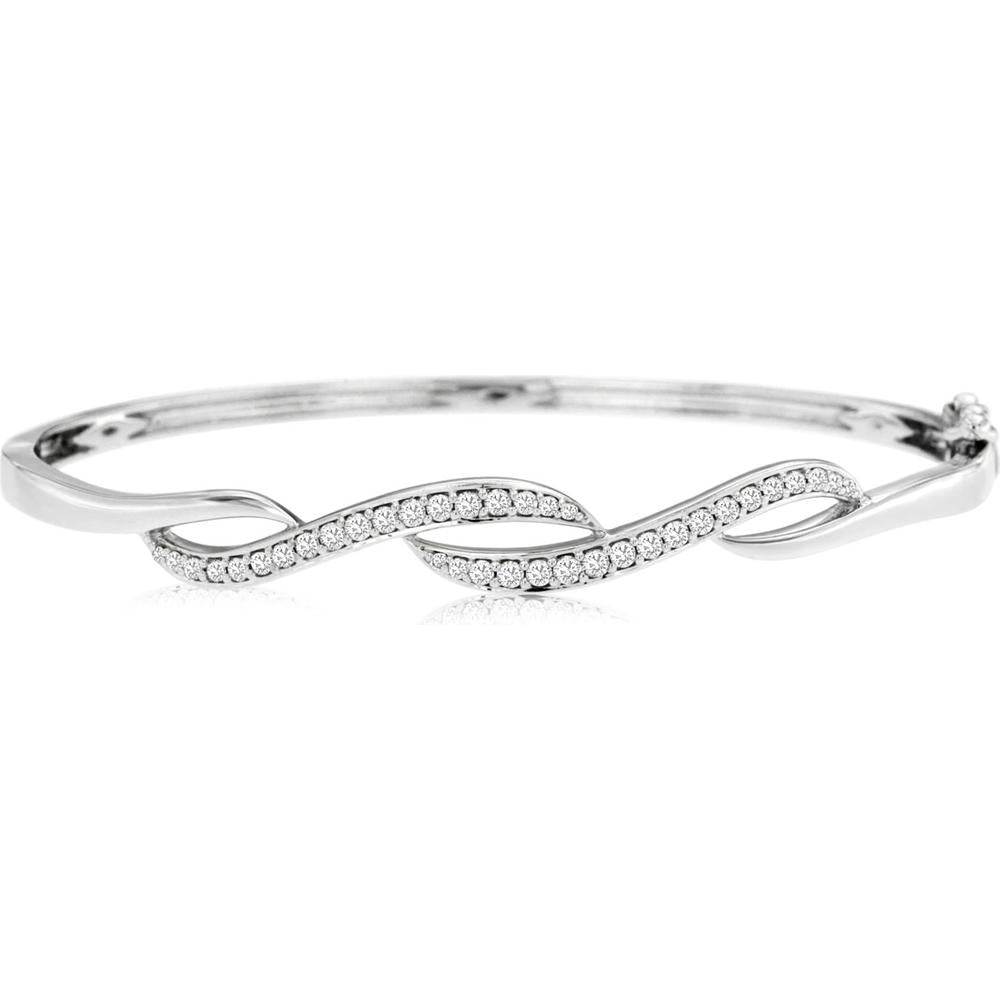 14K White Gold Twisted Ribbon Bangle with Pave Set Round Diamonds - 0.48 Carat Total Diamond Weight - Royal Jewelry