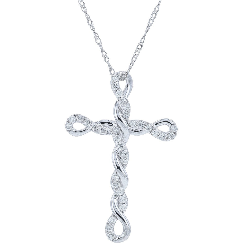 14K White Gold Twisted Ribbon Diamond Cross Pendant with Pavé Set Round Diamonds - 0.30 Carat Total Diamond Weight