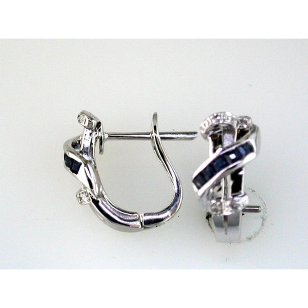 14K White Gold Twisted Ribbon Earrings with Princess-Cut Sapphires and Round Diamonds - 0.30 Carat Total Sapphire Weight, 0.03 Carat Total Diamond Weight - Royal Jewelry