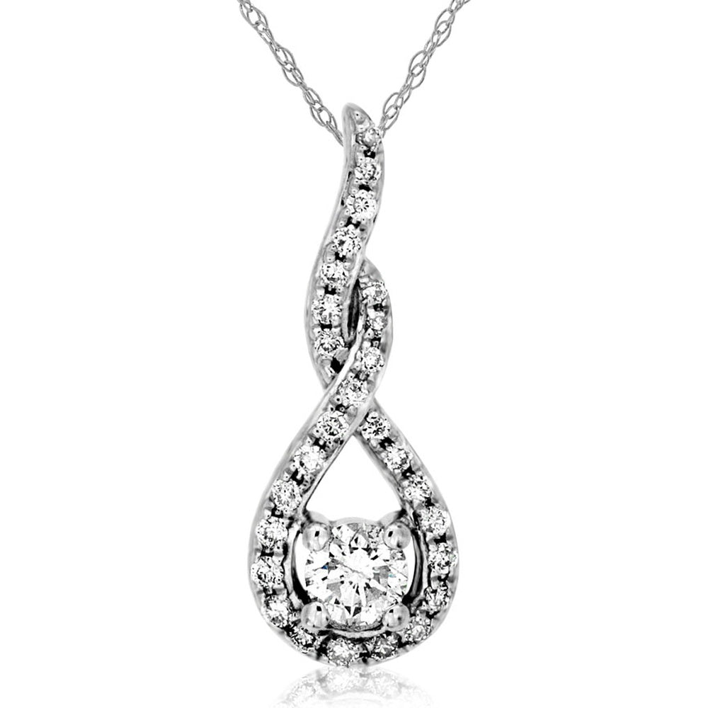 14K White Gold Twisted Ribbon Pendant with Pavé Accents and Prong-Set Round Diamond - 0.19 Carat Total Diamond Weight - Royal Jewelry