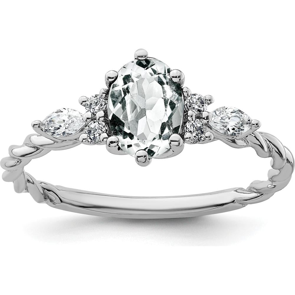14K White Gold Twisted Ring with Oval White Topaz and Marquise & Round Diamonds - 1.30 Carat Total Diamond Weight by 0