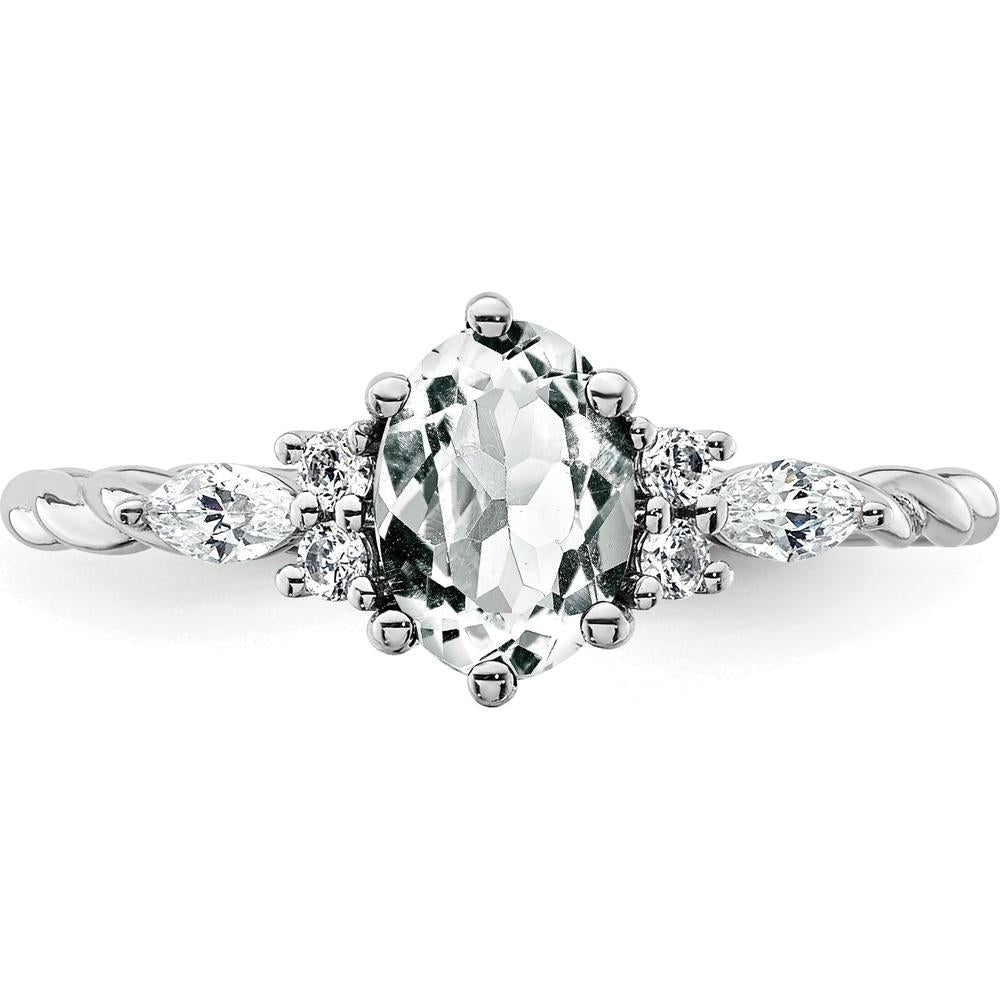 14K White Gold Twisted Ring with Oval White Topaz and Marquise & Round Diamonds - 1.30 Carat Total Diamond Weight by 0