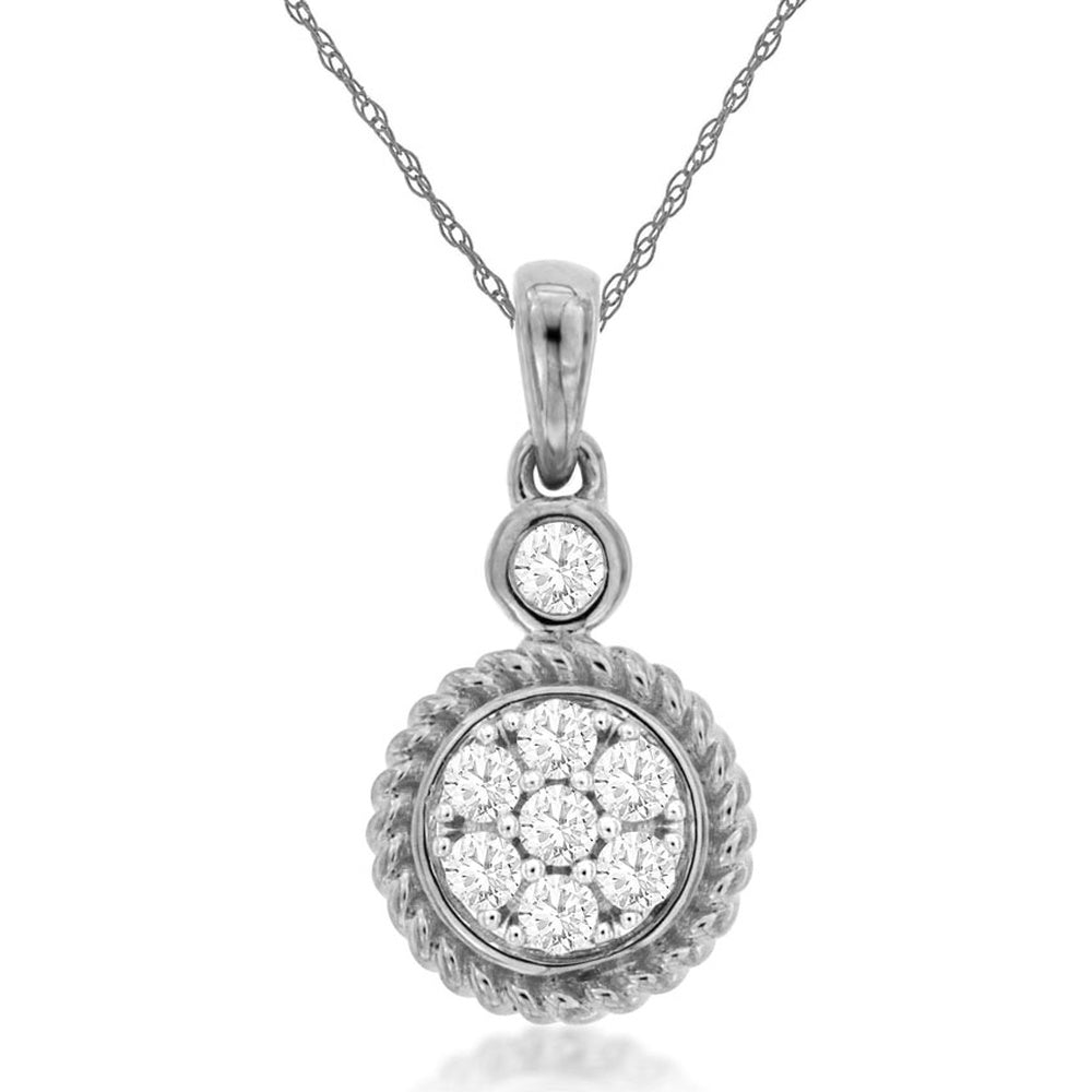 14K White Gold Twisted Rope Pendant Necklace with Round Diamond - 0.19 Carat Total Diamond Weight - Royal Jewelry