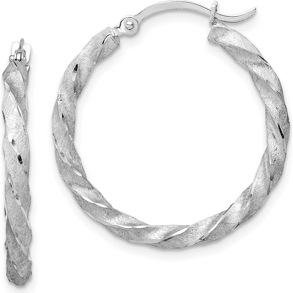 14K White Gold Twisted Satin Diamond-Cut Hoop Earrings with Rhodium Finish - 26mm by 0