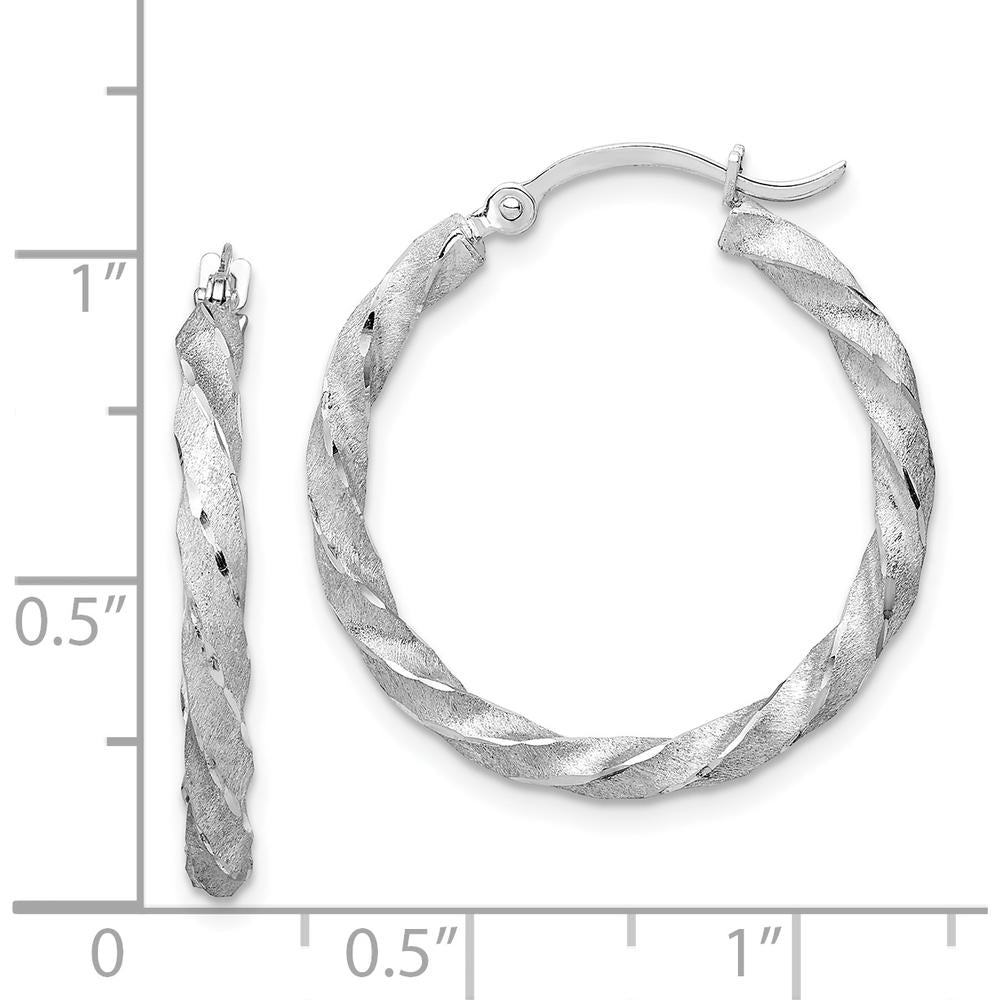 14K White Gold Twisted Satin Diamond-Cut Hoop Earrings with Rhodium Finish - 26mm by 0