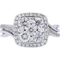 14K White Gold Twisted Shank Diamond Ring with Square Halo and Round Cluster Center - 1.50 Carat Total Diamond Weight
