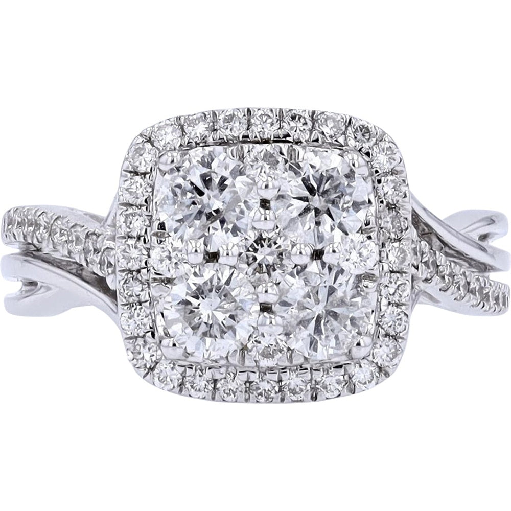 14K White Gold Twisted Shank Diamond Ring with Square Halo and Round Cluster Center - 1.50 Carat Total Diamond Weight