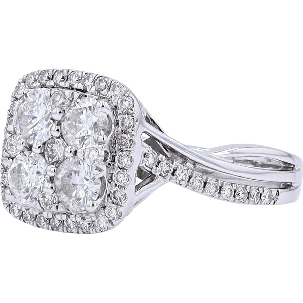 14K White Gold Twisted Shank Diamond Ring with Square Halo and Round Cluster Center - 1.50 Carat Total Diamond Weight