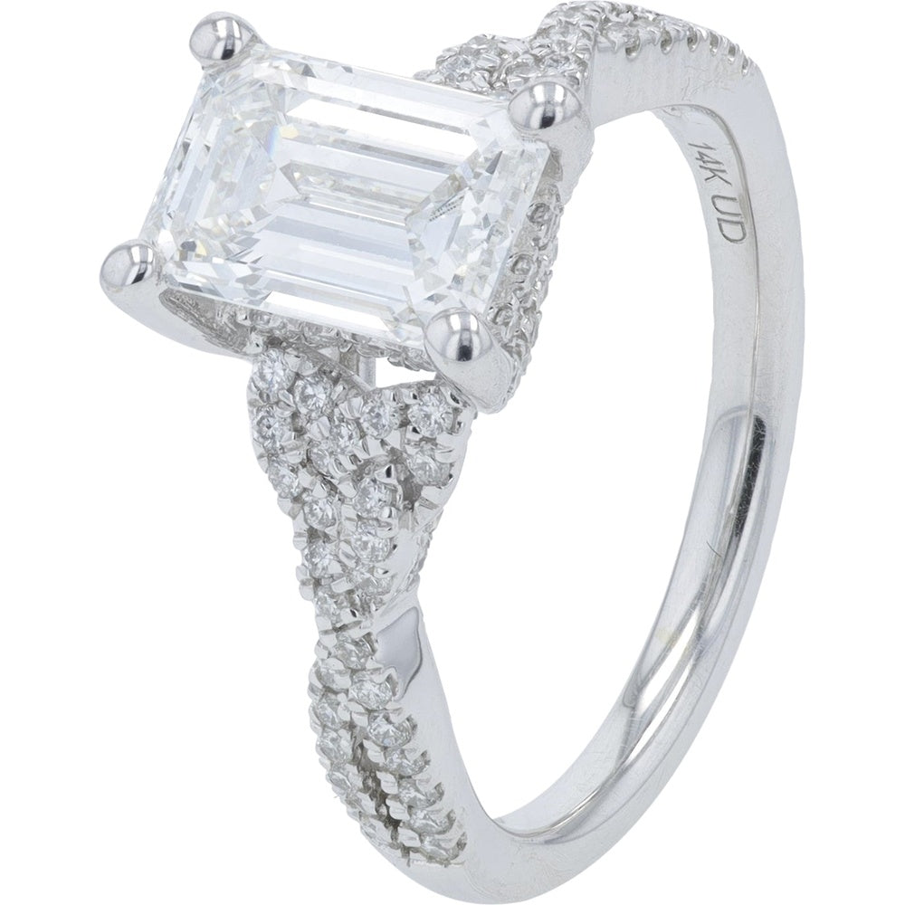 14K White Gold Twisted Shank Emerald Cut Lab Grown Diamond Engagement Ring with Milgrain Detail and Pavé Accents - 2.50 Carat Total Diamond Weight