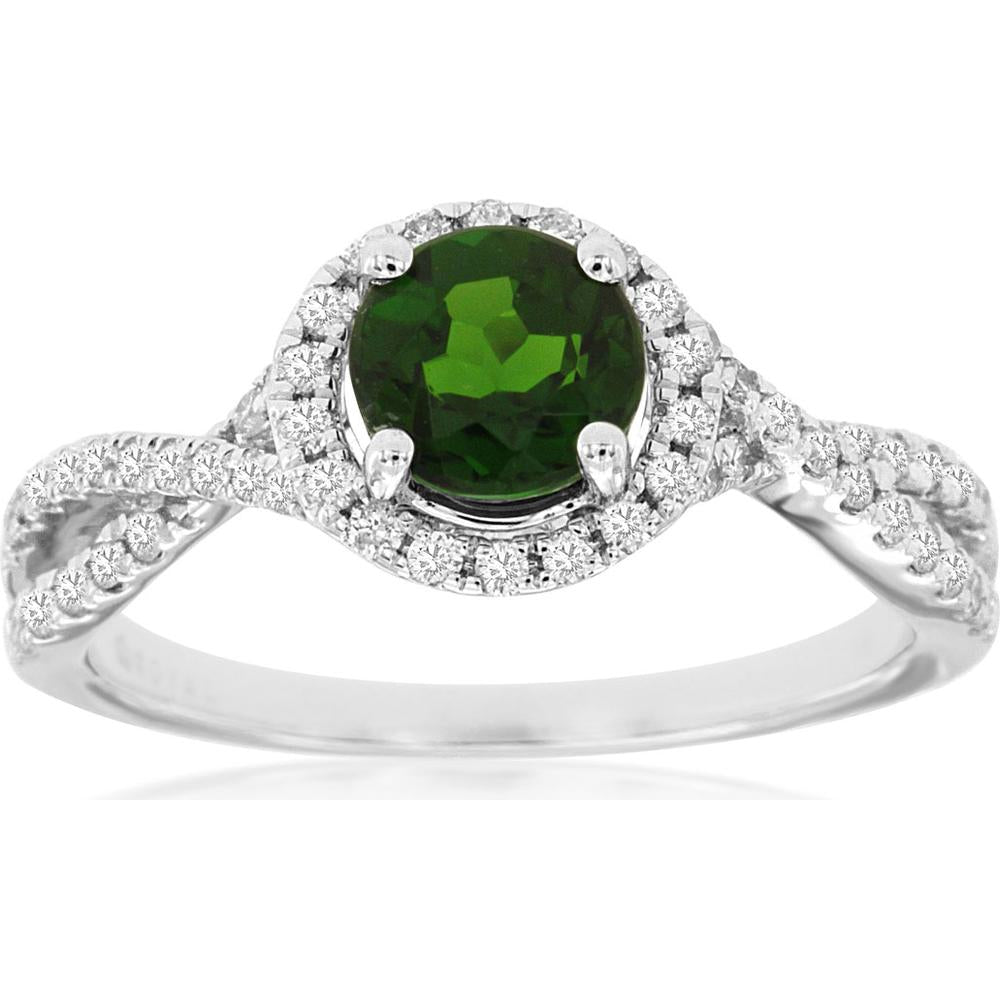 14K White Gold Twisted Shank Ring with 1.00 Carat Round Russalite and 0.30 Carat Diamond Halo - Royal Jewelry