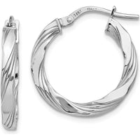 14K White Gold Twisted Textured Hoop Earrings - 21mm Length by 0