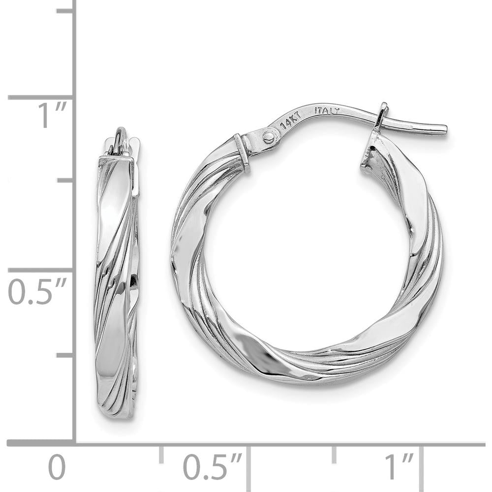 14K White Gold Twisted Textured Hoop Earrings - 21mm Length by 0