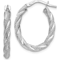 14K White Gold Twisted Textured Oval Hoop Earrings with Polished Rhodium Plating by 0