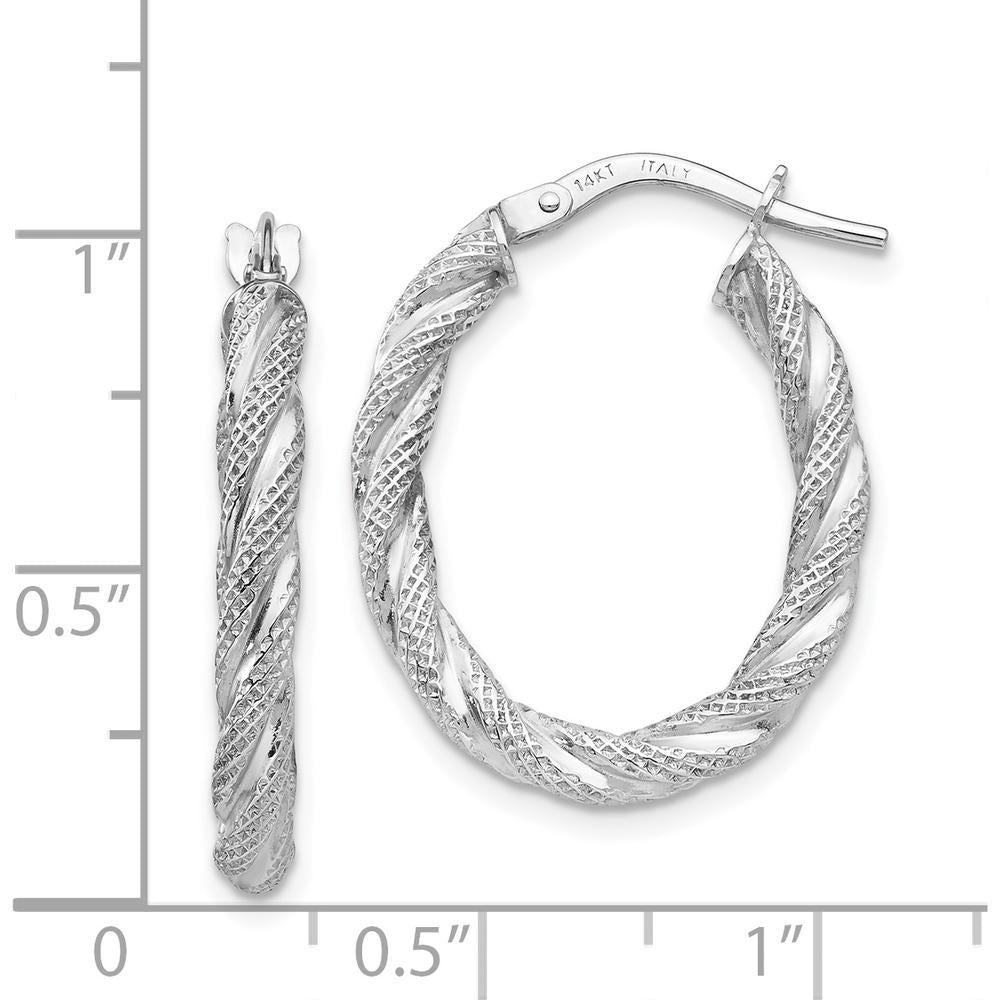 14K White Gold Twisted Textured Oval Hoop Earrings with Polished Rhodium Plating by 0