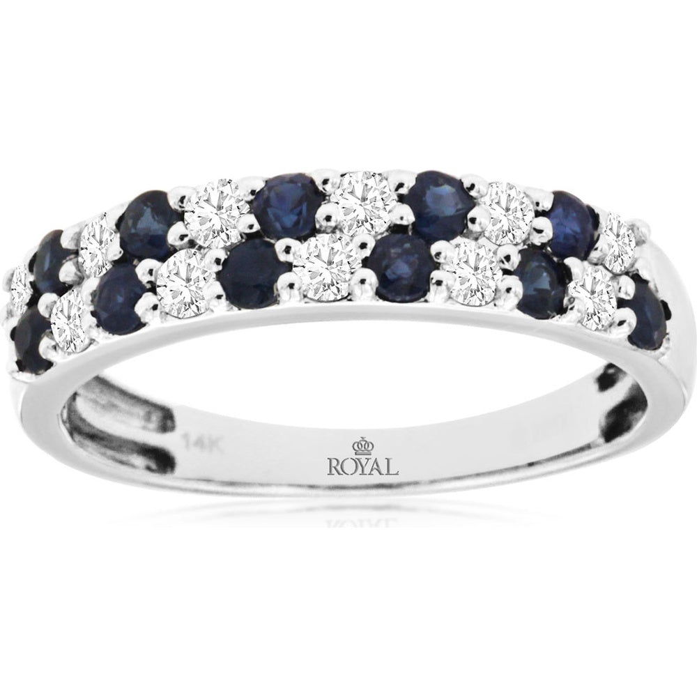 14K White Gold Two-Row Band with Round Sapphires and Round Diamonds - 0.50 Carat Total Sapphire Weight and 0.37 Carat Total Diamond Weight - Royal Jewelry