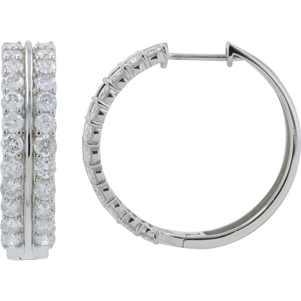 14K White Gold Two-Row Diamond Hoop Earrings with Round Brilliant Cut Diamonds - 2.00 Carat Total Diamond Weight