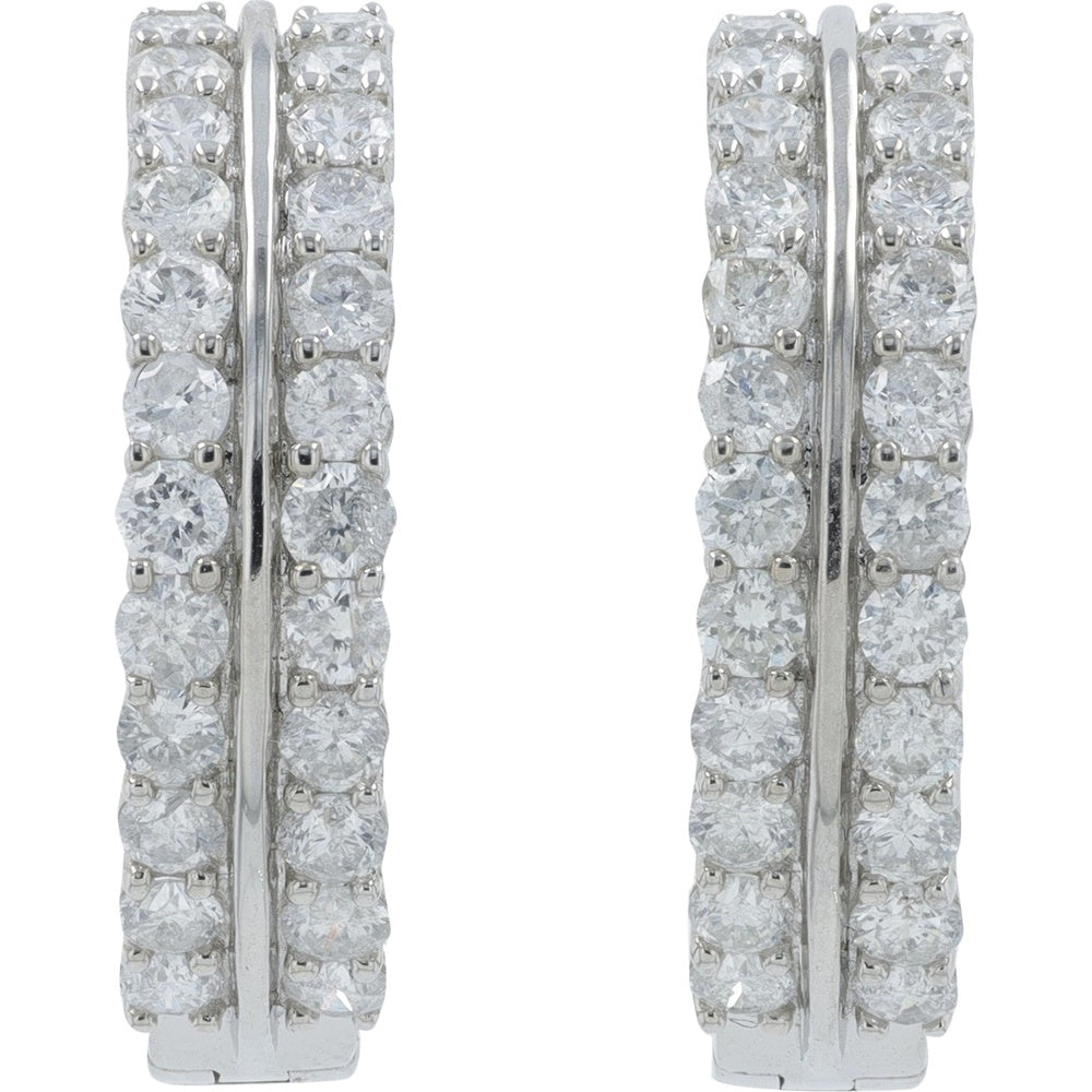 14K White Gold Two-Row Diamond Hoop Earrings with Round Brilliant Cut Diamonds - 2.00 Carat Total Diamond Weight