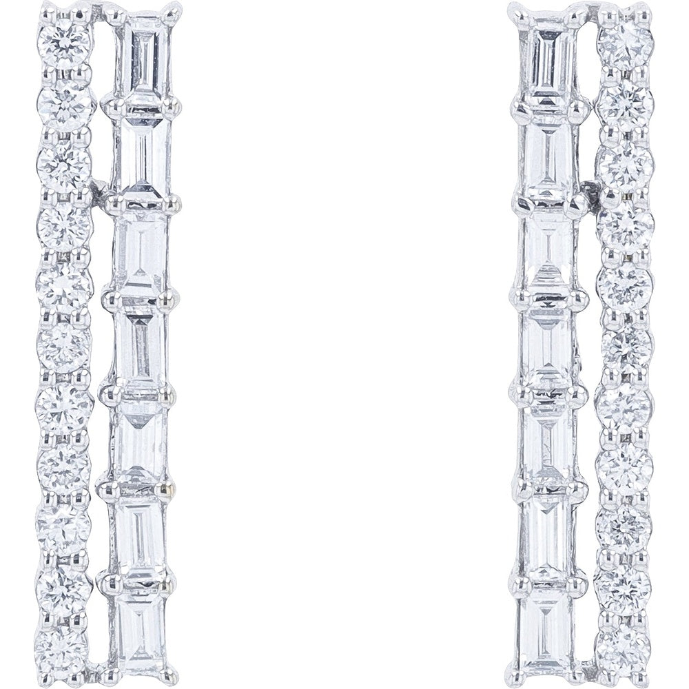 14K White Gold Two-Row Drop Earrings with Baguette and Round Lab Grown Diamonds - 1.00 Carat Total Diamond Weight