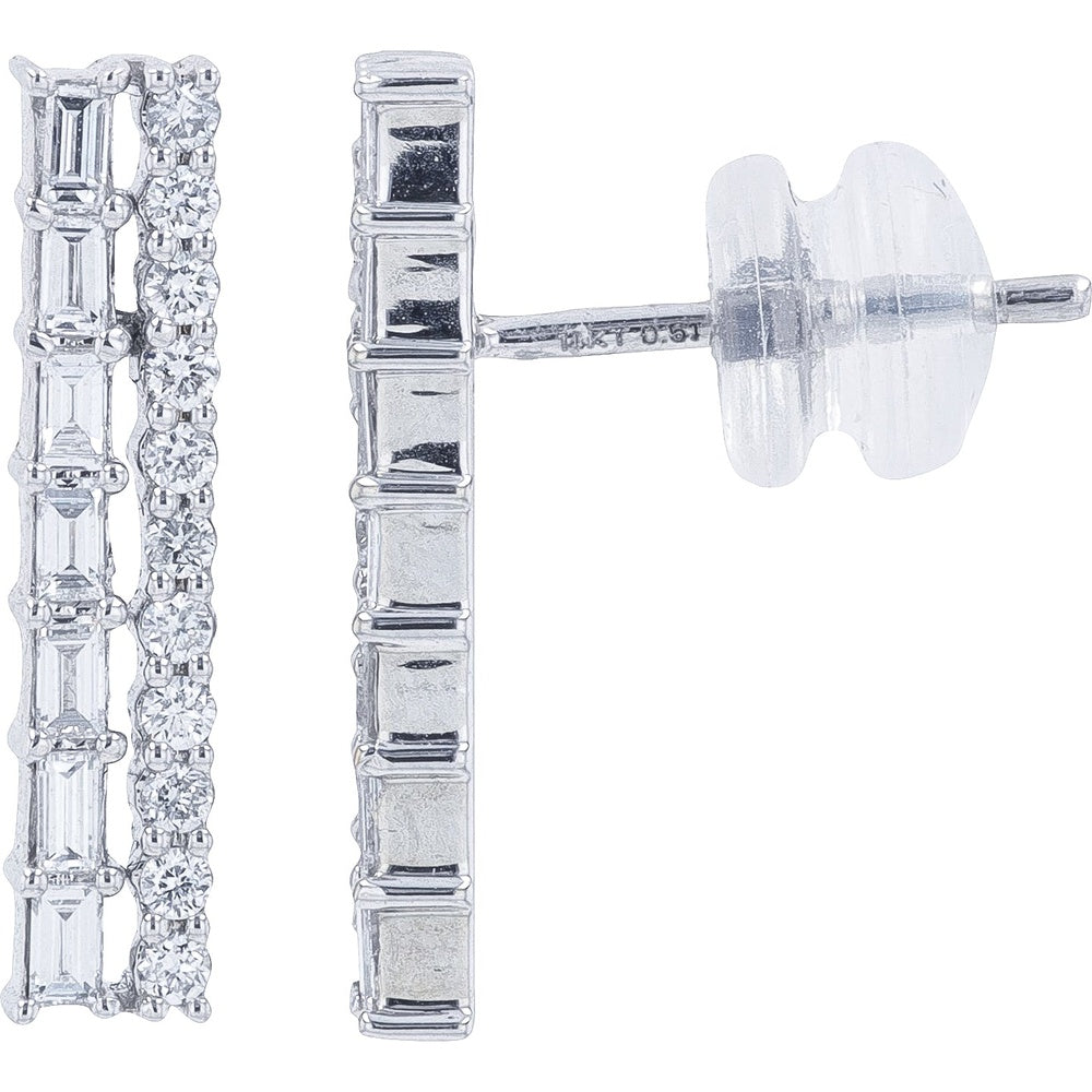 14K White Gold Two-Row Drop Earrings with Baguette and Round Lab Grown Diamonds - 1.00 Carat Total Diamond Weight