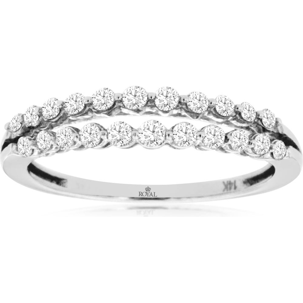 14K White Gold Two-Row Open Band with Shared-Prong Set Round Diamonds - 0.38 Carat Total Diamond Weight - Royal Jewelry