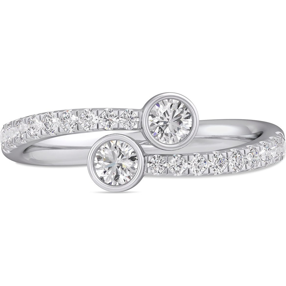 14K White Gold Two-Stone Bezel Set Round Diamond Fashion Ring with Pavé Band - 0.61 Carat Total Diamond Weight by Auriventus