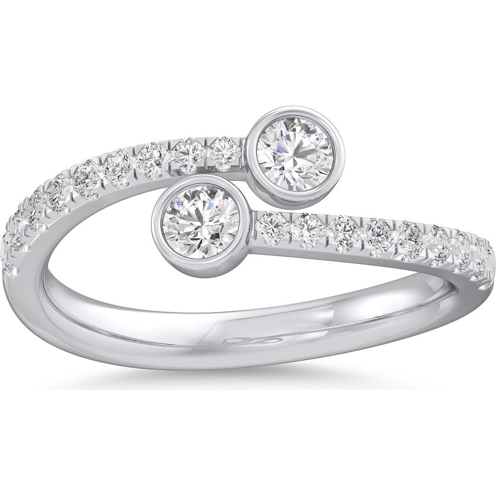 14K White Gold Two-Stone Bezel Set Round Diamond Fashion Ring with Pavé Band - 0.61 Carat Total Diamond Weight by Auriventus