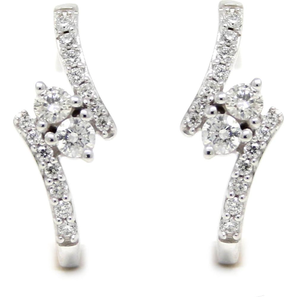 14K White Gold Two Stone Bypass J-Hoop Earrings with 0.49 Carat Round Diamonds