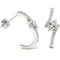 14K White Gold Two Stone Bypass J - Hoop Earrings with .49 Carat Total Diamond Weight