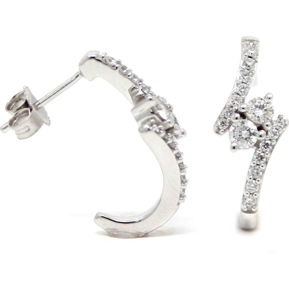 14K White Gold Two Stone Bypass J - Hoop Earrings with .49 Carat Total Diamond Weight
