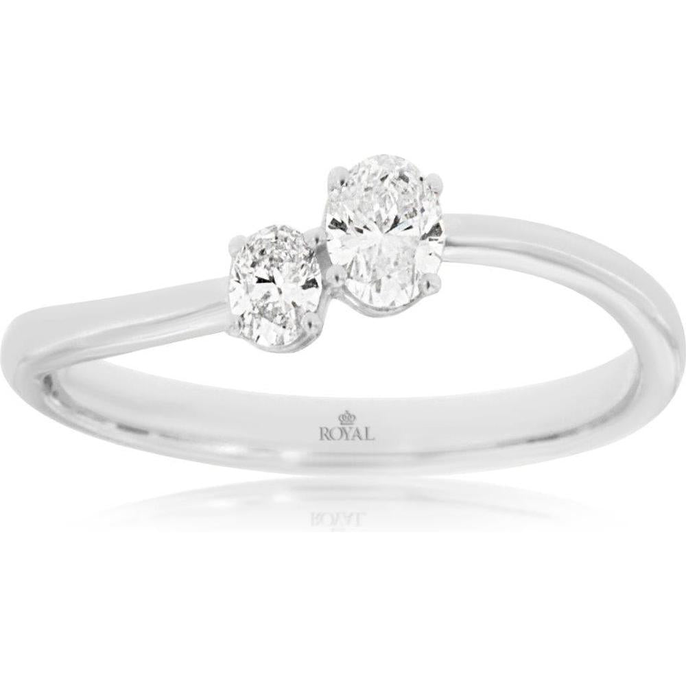 14K White Gold Two-Stone Bypass Ring with Oval Cut Diamonds - 0.32 Carat Total Diamond Weight - Royal Jewelry